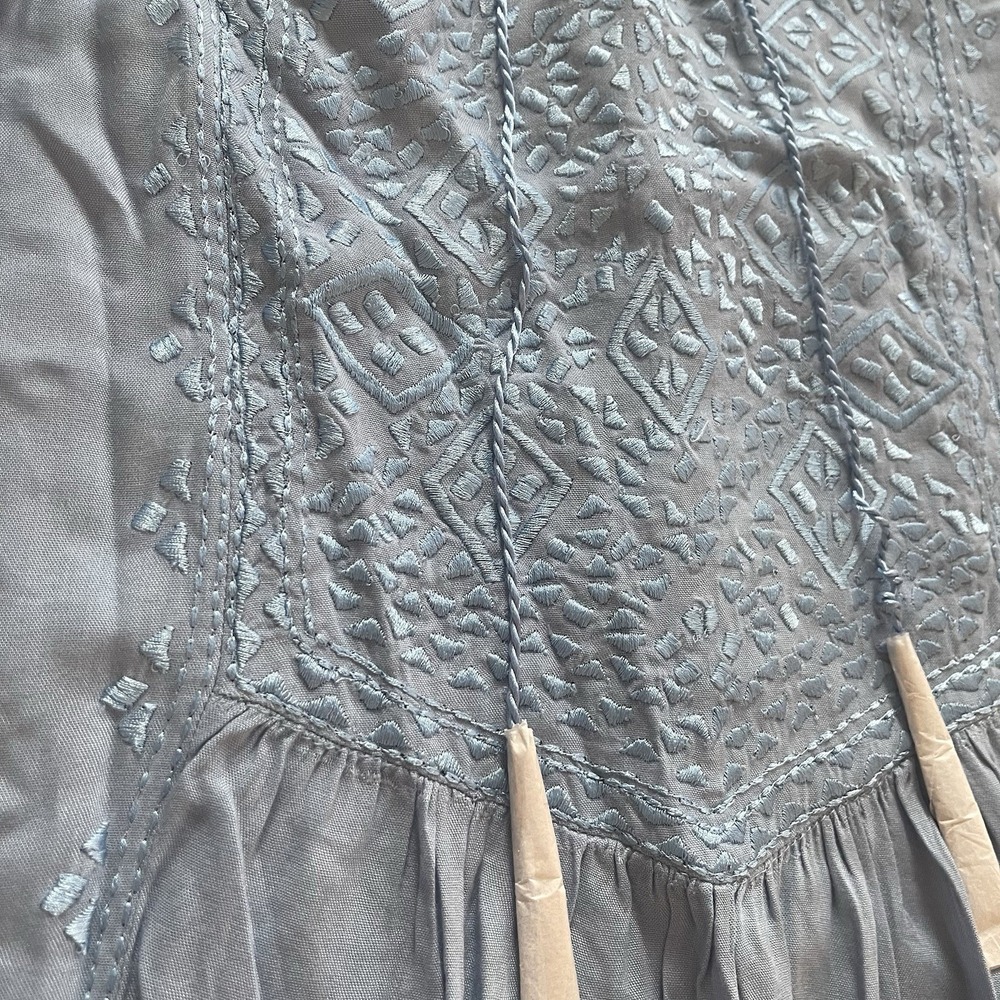 NWOT Womens Small Blue Embroidered Tunic Blouse Shirt Pullover Tassel Boho Flowy - Picture 4 of 14